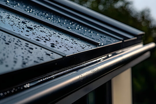 Detailed close up of a roof made from glass reinforced polyester featuring dark colored soffits fascias and gutters