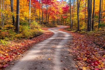 Obraz premium Winding path lined by trees with colorful fall foliage