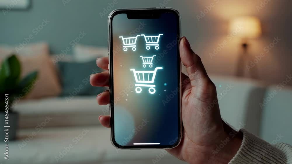Poster close up of a hand holding a smartphone, adding items to an online shopping cart, with shopping cart