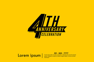 4th years anniversary celebration emblem. black logo isolated with ribbon on yellow background. vector illustration template design for web, flyers, poster, greeting card and invitation card