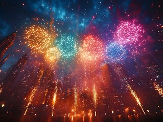 Vibrant neon fireworks light up the futuristic city skyline