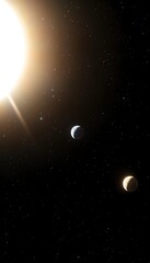 A bright star dominates a dark space, with three planets visible at varying distances, exhibiting different sizes and colors