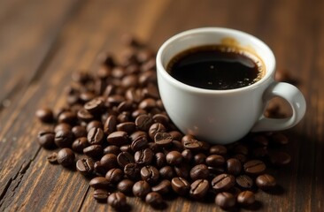 Fototapeta premium Freshly brewed black coffee in white cup with roasted coffee beans on wooden table