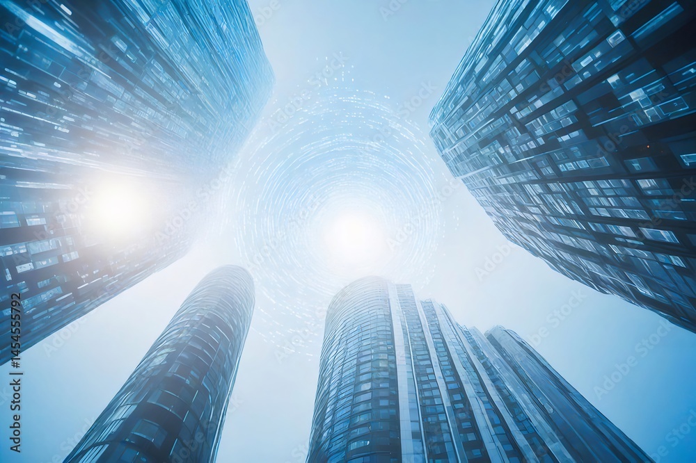 Aufkleber 空と高層ビル群の青い風景 未来的な都市構造と光の抽象的なイメージ