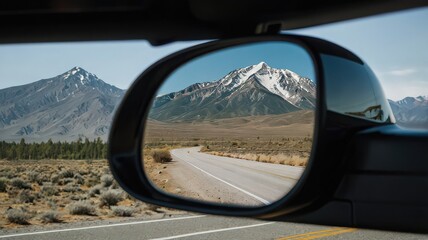 Fototapeta premium Scenic mountain road landscape reflected in a car side mirror