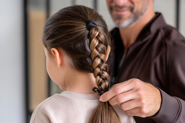 Father gently braiding daughter’s hair at kitchen table, close-up, morning light coming through window