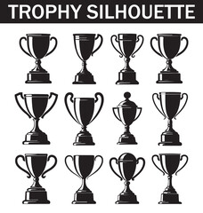 Obraz premium Collection of various black silhouette trophy icons depicting different shapes, sizes, and angles for award and recognition design purposes.