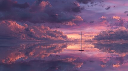Obraz premium Serene Sunset Landscape with Cross Reflection Peaceful Sky Spiritual Hopeful Image