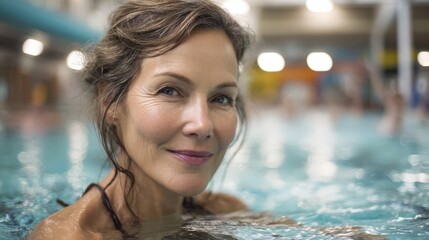 Mature Woman Relaxing in Swimming Pool Water Enjoying Leisure Time Healthy Lifestyle