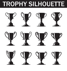 Collection of various black silhouette trophy icons depicting different shapes, sizes, and angles for award and recognition design purposes.