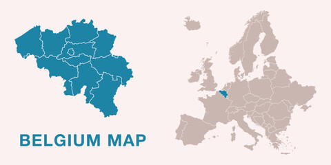 Map of Belgium with administrative divisions and highlighted position on Europe map. Isolated on white background. Vector illustration. 