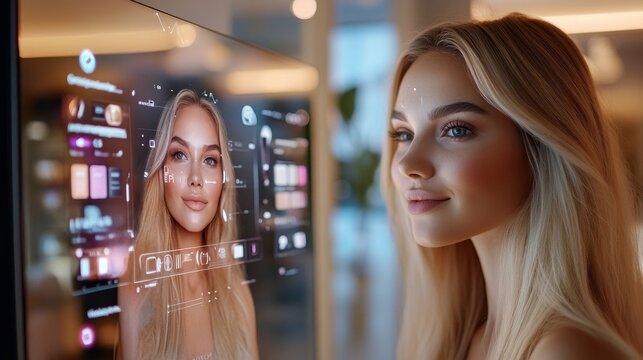 modern beautiful blond woman reflecting in an AR beauty mirror in a well-lit, stylish room. The smart mirror shows a real-time virtual and extravagant makeup try-on, with floating holographic UI
