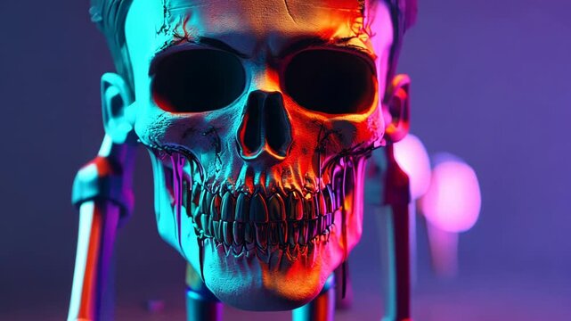 Eerie Skull and Skeleton Illustration with Flames and Grunge Design for Halloween Art