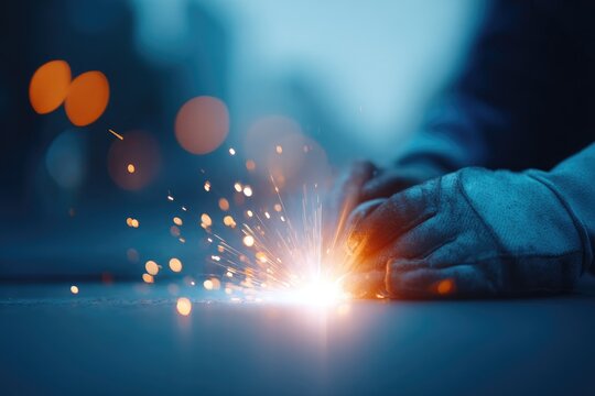 welder focused on metal construction amidst vivid neon hues gloves and mask enhancing glow