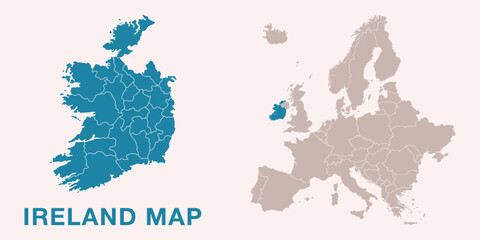 Map of Ireland with administrative divisions and highlighted position on Europe map. Isolated on white background. Vector illustration.