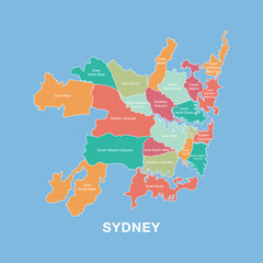 Colorful map of Sydney, Australia with labeled administrative districts. Vector illustration isolated on blue background.
