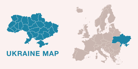 Map of Ukraine with administrative divisions and highlighted position on Europe map. Isolated on white background. Vector illustration.