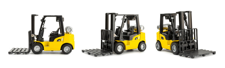Yellow forklift isolated on white background. Logistics concept. Logistics and supply chain...
