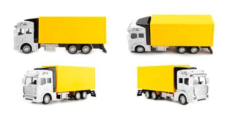 Yellow trucks and cardboard boxes isolated on white background. Concept logistics, delivery and transport topics. Delivery of goods or products to the store around the world. Cardboard box.