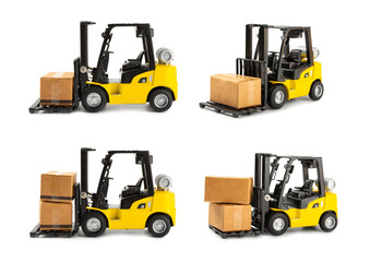Yellow forklift isolated on white background. Logistics concept. Logistics and supply chain management for online shopping concept. Delivery of goods or products to the store worldwide. Cardboard box.