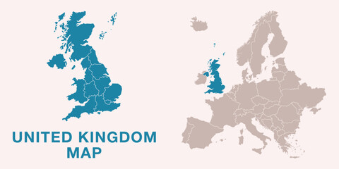 Obraz premium Map of United Kingdom with administrative divisions and highlighted position on Europe map. Isolated on white background. Vector illustration.