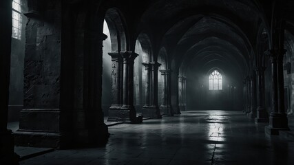 Obraz premium Dark Gothic architecture hall with arched columns and sunlight shining through the end window.