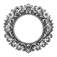 Vintage circle Baroque Victorian frame border flower engraving woodcut illustration