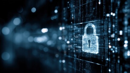 Digital Security A glowing padlock symbol on a background of binary code represents cybersecurity and data protection