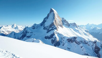 Obraz premium Snowy mountain peak, pristine white snow, clear sky, bright, adventure