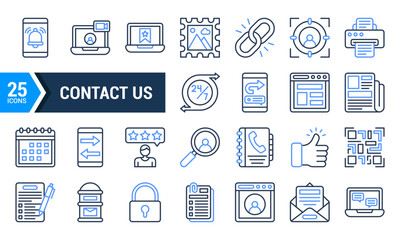 25 Blue Contact Us Line Icons for Website and App Design.