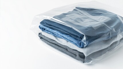 Stacked clothes in a clear plastic bag on white background.