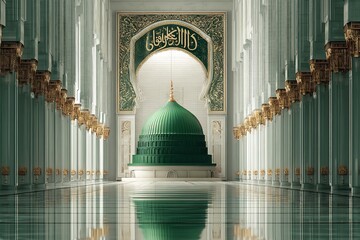 The Prophet Muhammad's birthday banner, Mawlid al-Nabi, features Arabic calligraphy depicting the Prophet's mosque's green dome. Generative Ai