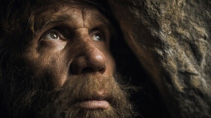 Close up portrait of a hairy man's face near a rock showing age and ruggedness A contemplative expression is visible