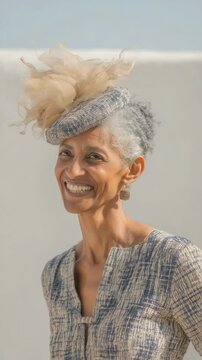 Elegant mature woman smiles, wearing textured blue dress and whimsical fascinator against white background in soft light, confident and stylish