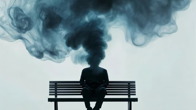 Surreal image of a businessman sitting on a bench with dark smoke coming out of his head, symbolizing stress, anxiety, depression, overthinking and mental health issues