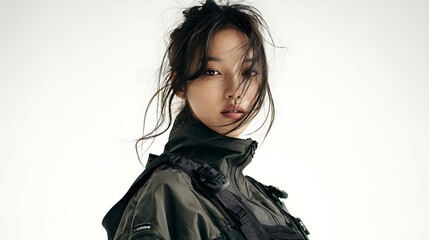 Korean woman poses in trendy, futuristic techwear.