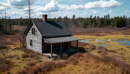 this remote place, abandoned house and wild swamp stand in stark contrast, embodying juxtaposition of human history and untamed wilderness, while evoking a profound sense of time standing still