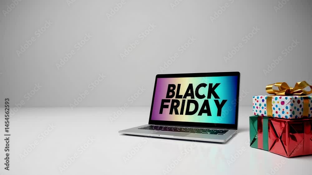 Poster laptop computer displaying black friday sale advertisement with changing colors on screen, accompani