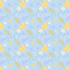 Trendy floral seamless pattern illustration. Vintage 70s style hippie flower background design. Colorful pastel color groovy artwork, y2k nature backdrop with daisy flowers.