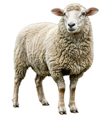 Obraz premium Realistic white sheep standing and facing forward, isolated on a transparent background