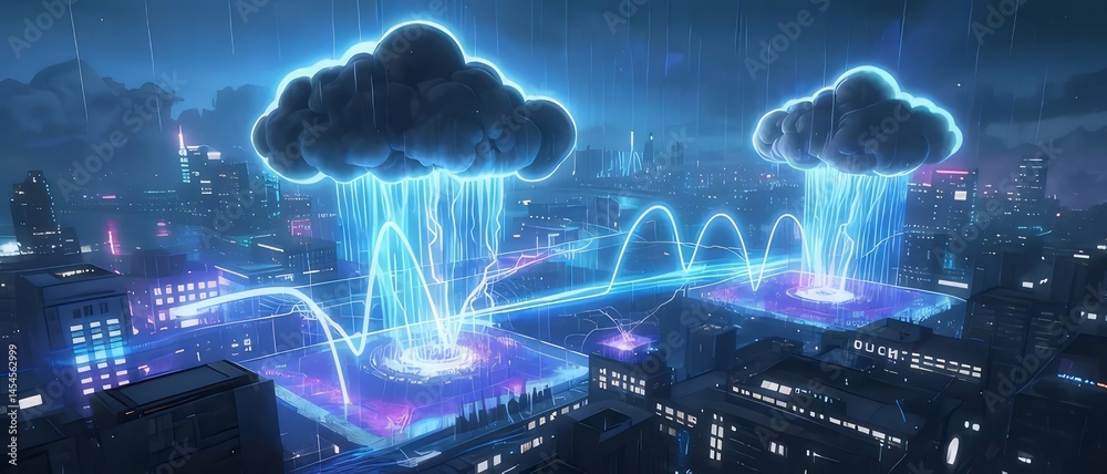 Poster デジタル都市のネオンライトクラウドコンセプト 夜空に浮かぶ幻想的な都市景観とエネルギー放電のビジュアル表現