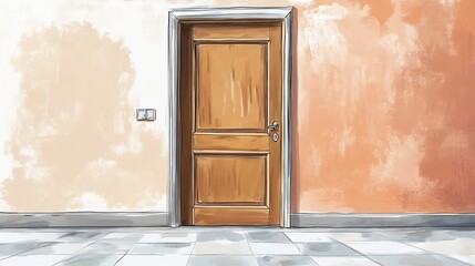 Elegant Interior Sketch: Wooden Door on Textured Walls with Tile Flooring