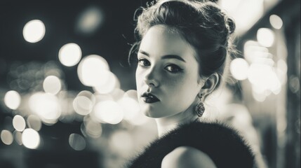 Elegant Young Woman with Dark Hair Posing Outdoors at Night with City Lights Bokeh