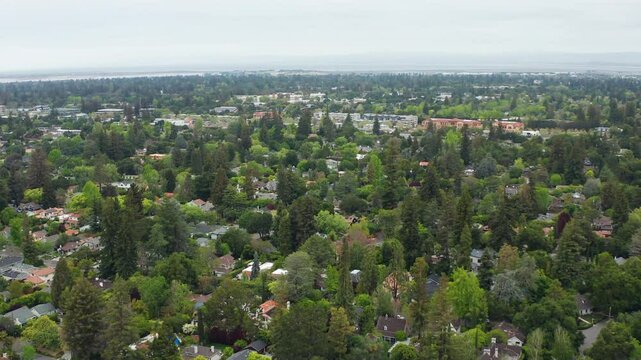 Aerial drone view of Menlo Park California Bay Area California suburban homes 01