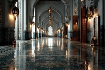 Full object perspective photograph of a mosque for an Islamic celebration, such as Eid al Fitr, Eid adha, or Ramadan Kareem. Generative Ai