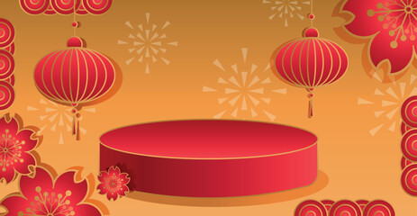Chinese New Year in traditional style. Template for poster, banner, postcard. Red podium with Chinese flowers and lanterns, fireworks in the background. Happy New Year. 
