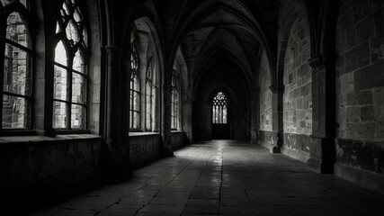 Monochrome gothic architecture with arched ceilings and window light creates a historic atmosphere.