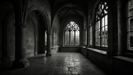 Fototapeta premium Gothic cloister with stone arches, pillars, and ornate windows letting in light. Serene architectural details.