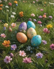 Vibrant Easter eggs adorned with fresh blooms nestled in spring grass , grassy field, beautiful, holiday season