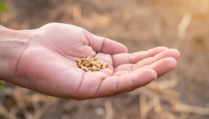 Seeds of Hope: A farmer's hand, calloused by the labor of the earth, carefully holds a handful of seeds, a promise of life and bounty in a field bathed in warm sunlight.